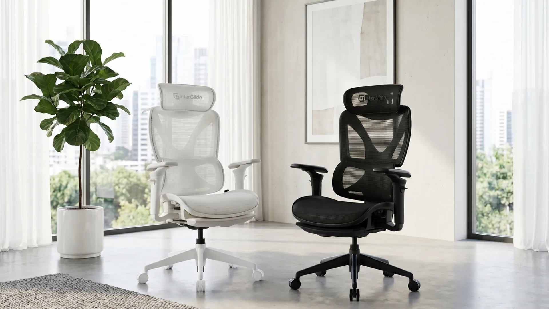 Black and white ergonomic chairs in a bright, minimalist interior