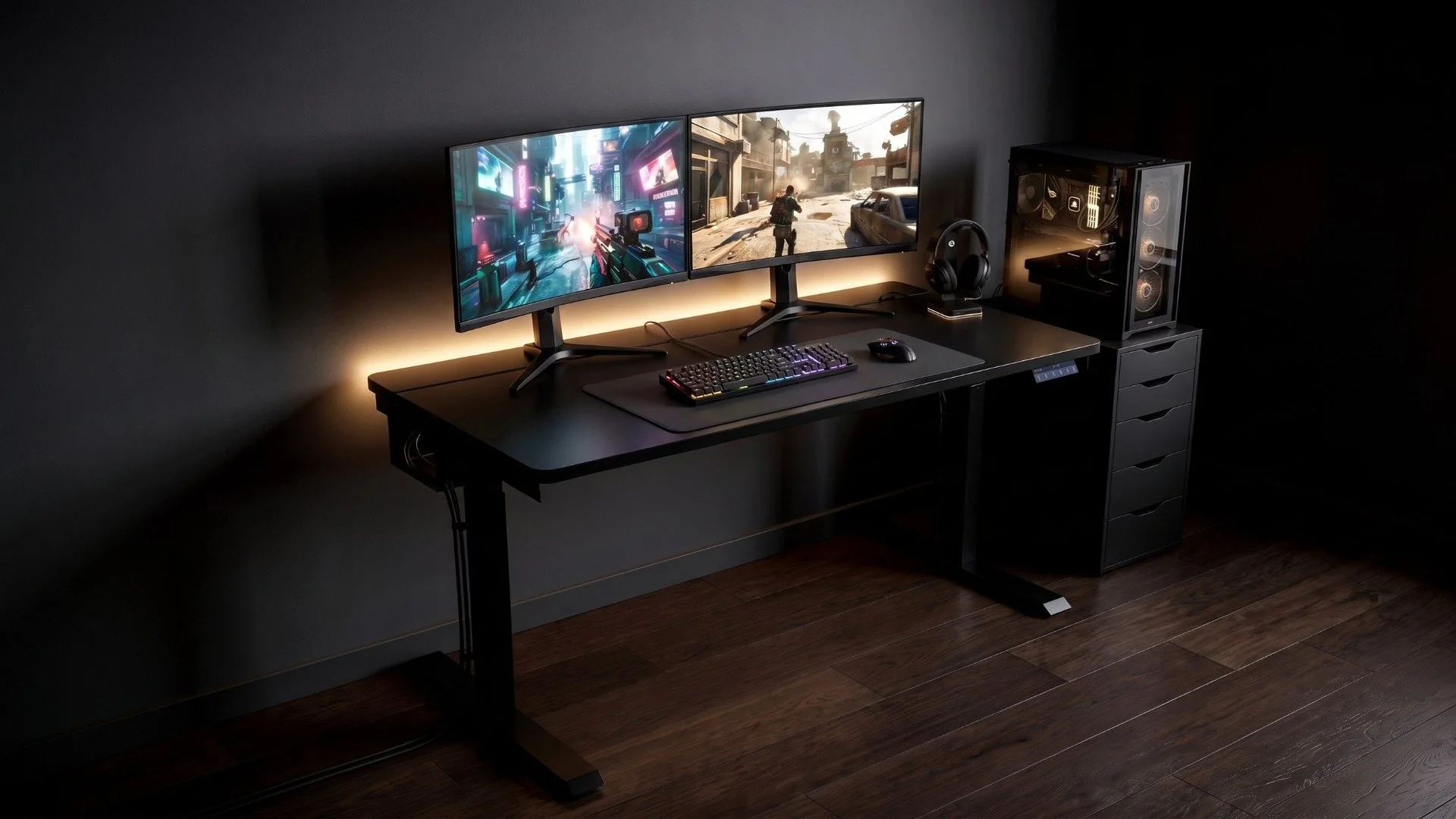 Interdesk Ultra standing desk in a dark dual-monitor gaming setup with an illuminated desktop PC